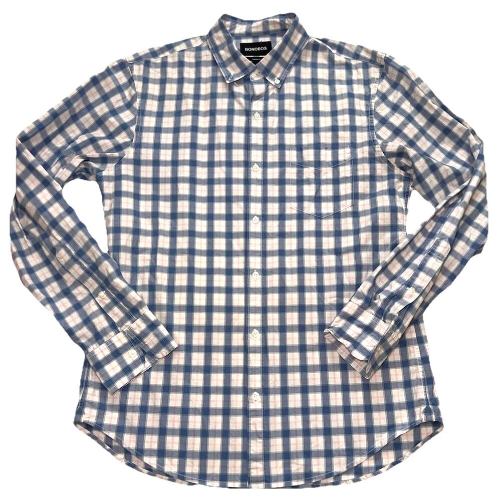 Bonobos Shirt Mens Size L Pink Blue Plaid Tailored Fit Cotton Button Up L/S READ